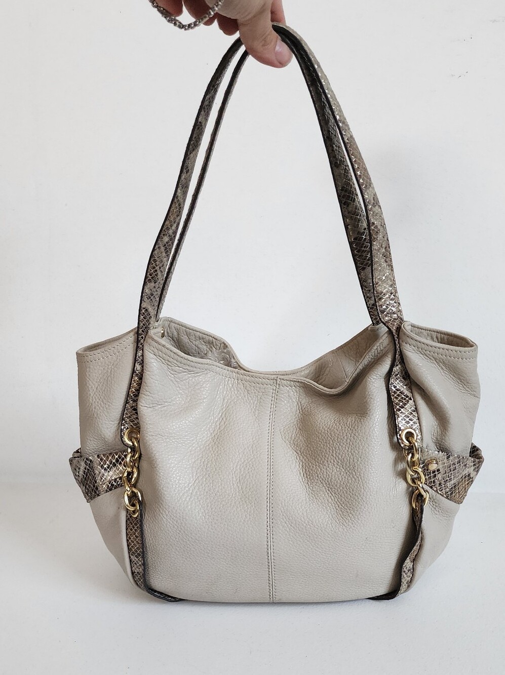 b. makowsky Cream Leather Tote with Snake-Print Trim
